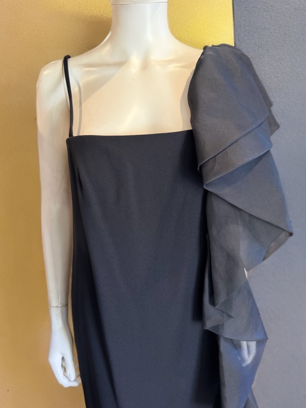 Mr. Blackwell Custom Black One-Shoulder Ruffle Evening Gown